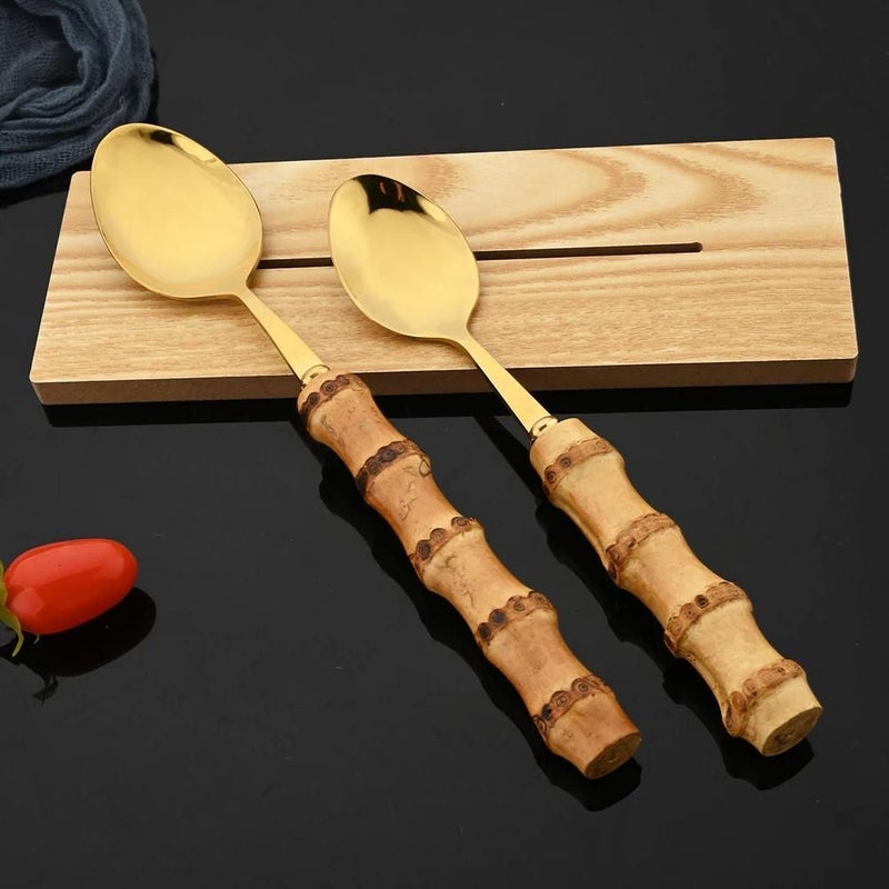 16Pcs Golden Stainless Steel Dining Set With Bamboo Handles Including Knives Forks And Coffee Spoons For Kitchen - Image 4