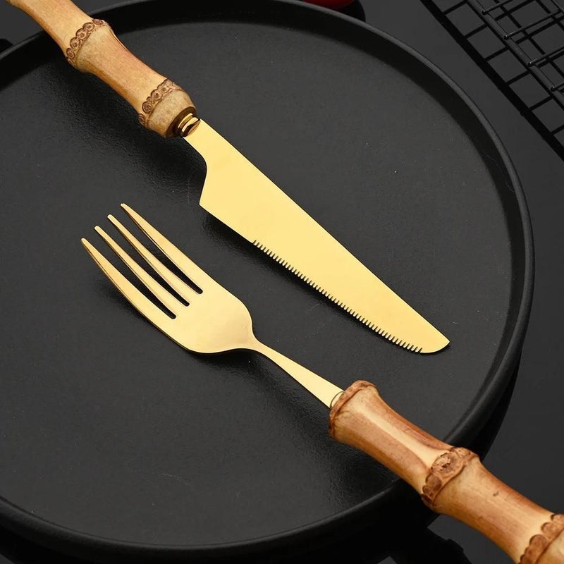 16Pcs Golden Stainless Steel Dining Set With Bamboo Handles Including Knives Forks And Coffee Spoons For Kitchen - Image 5