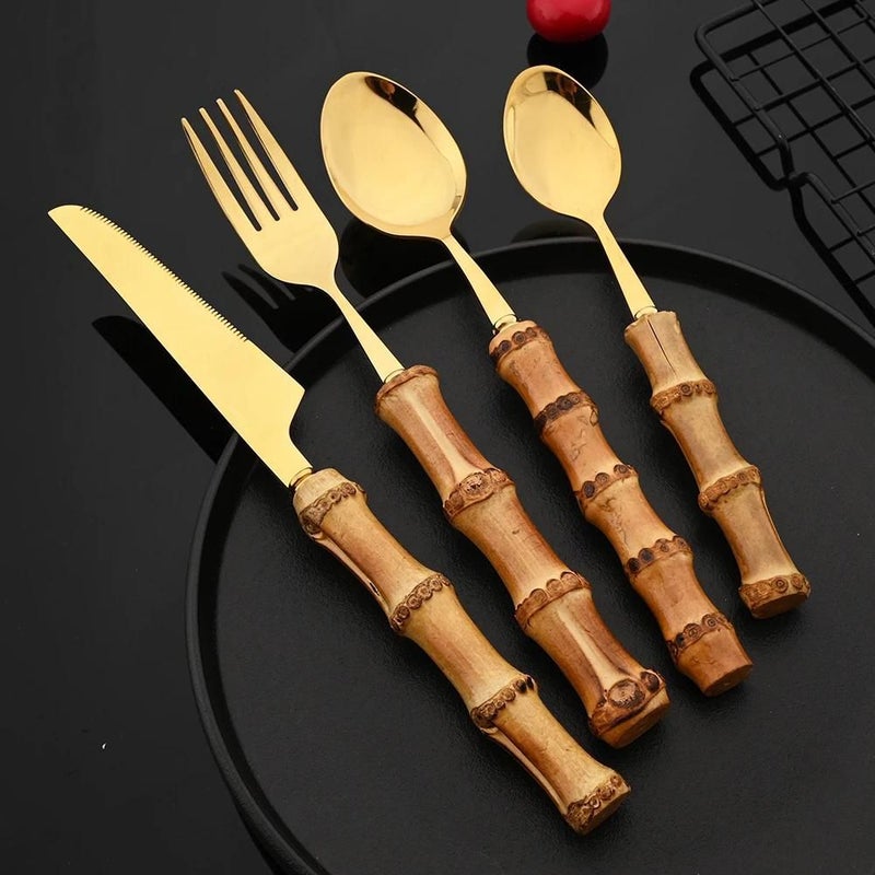 16Pcs Golden Stainless Steel Dining Set With Bamboo Handles Including Knives Forks And Coffee Spoons For Kitchen - Image 2