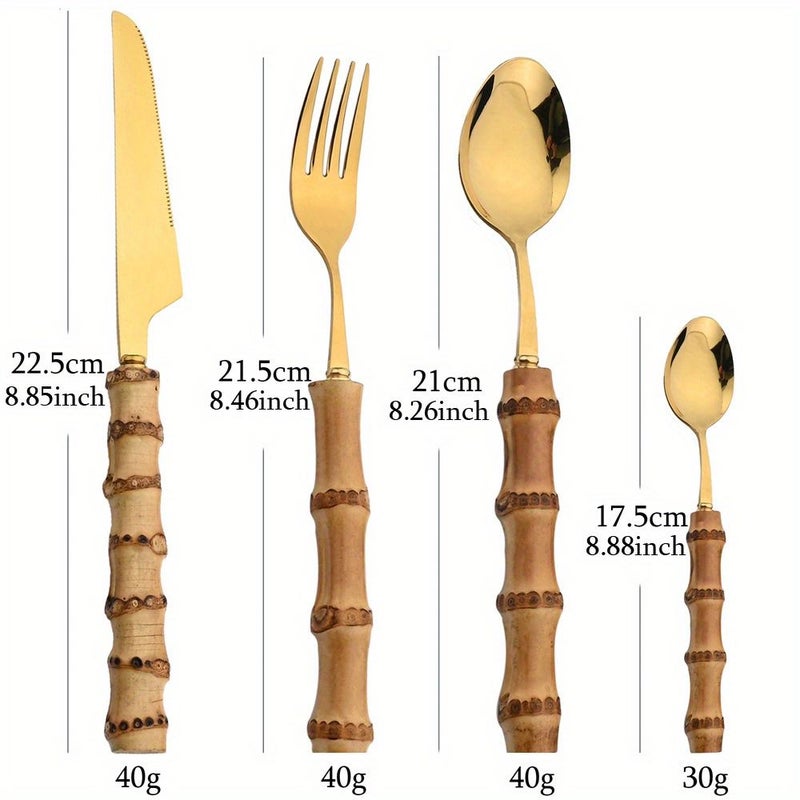 16Pcs Golden Stainless Steel Dining Set With Bamboo Handles Including Knives Forks And Coffee Spoons For Kitchen - Image 3