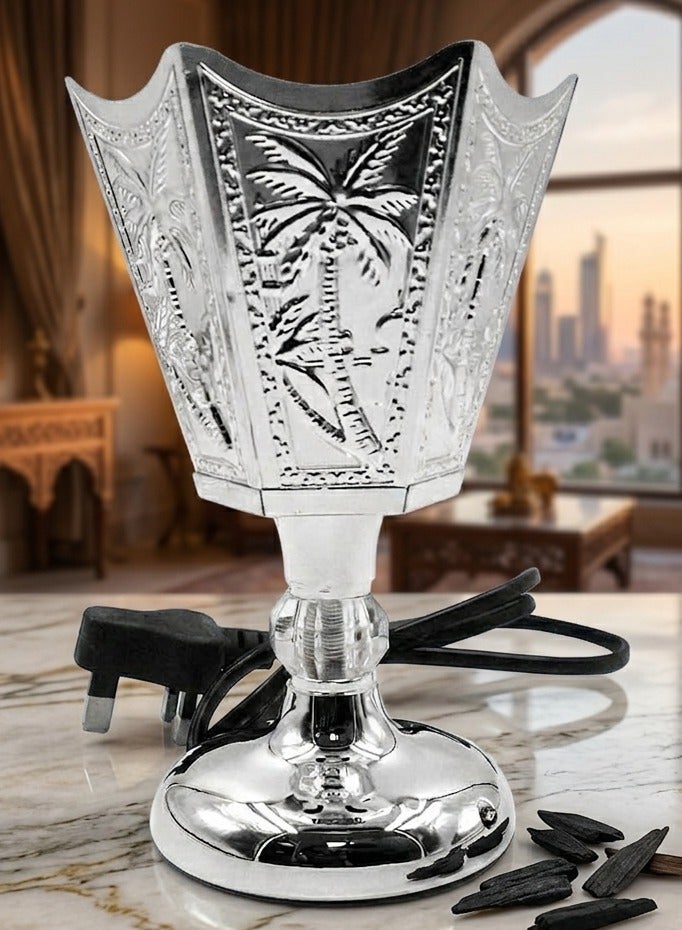 GOOAS Premium Electric Incense Burner (Mabkhara) with Palm Tree Embossed Design for Home and Office - Silver - Image 1