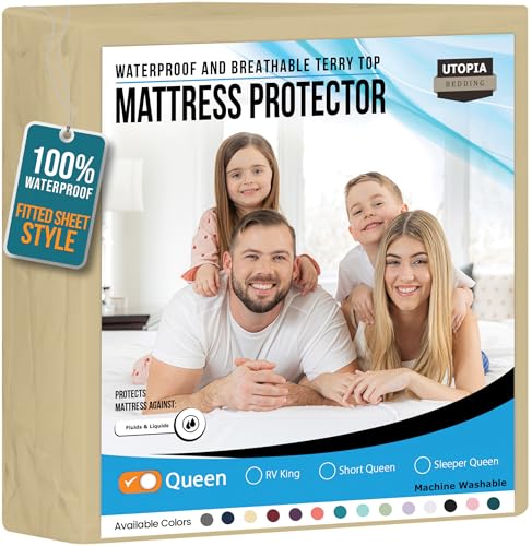 Utopia Bedding Waterproof Mattress Protector Queen Size, Premium 200 GSM Terry Mattress Cover, Soft & Breathable Bed Cover, Fitted Sheet Style with Stretchable Deep Pockets 17" (Beige) - Image 1