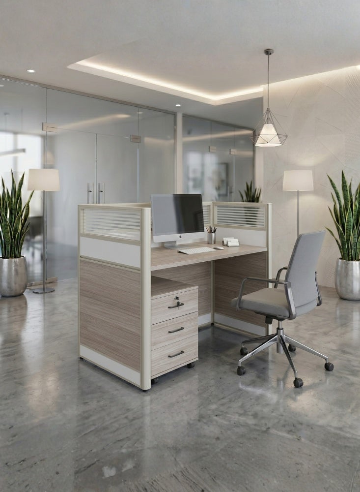Karnak Neeya 1 Person Office Workstation Desk with Privacy Screen & Storage Drawers Computer Laptop Table for Home & Office (New Grey) - Image 1