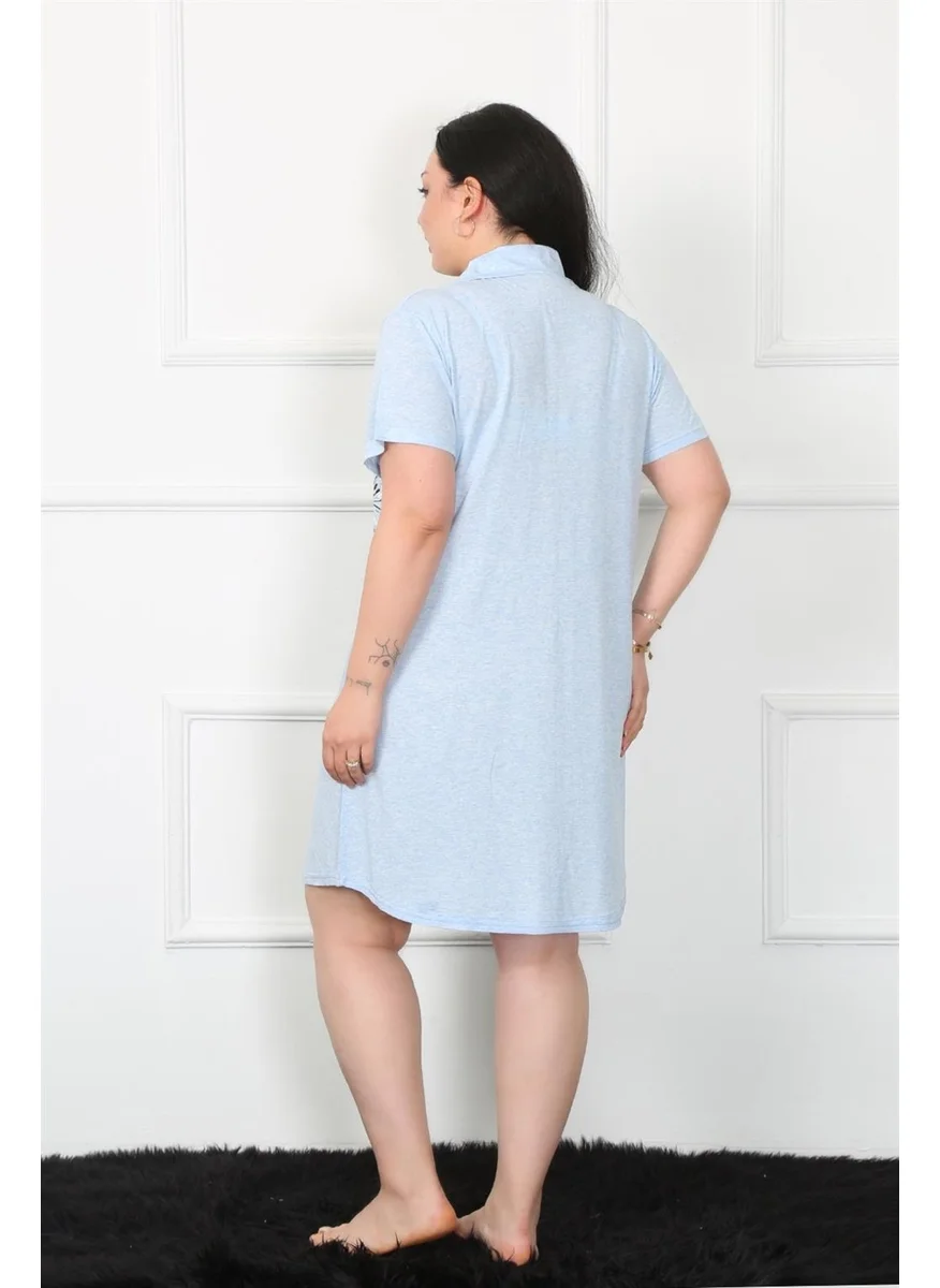 Akbeniz Plus Size Combed Cotton Buttoned Blue Tunic Nightgown 1025