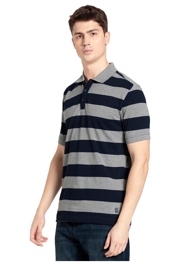Jockey Men's Super Combed Cotton Rich Regular Fit Striped Polo T-Shirt_Style_US93_Grey Melange & Navy_XXL