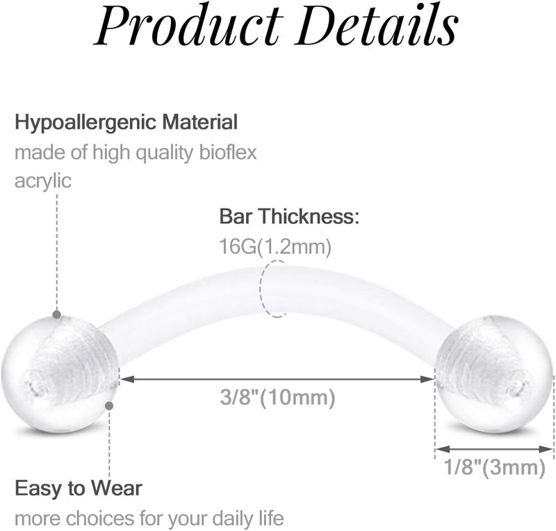FECTAS 16G 14G Clear Flexible Plastic Daith Rook Earrings Eyebrow Rings Curved Barbells Belly Piercing Retainers 15PCS - Image 2