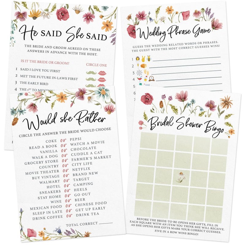 Printed Party Bridal Shower Game Set 4 Fun Games and Activities for 30 Guests Includes Bingo He Said She Said Bride Groom Trivia and Wedding Phrase Guessing Game Love In Bloom Wildflower Design