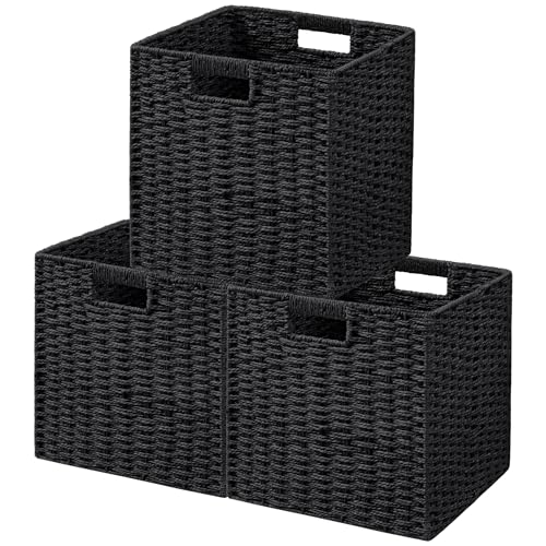 UBBCARE 3 Pack Wicker Basket, 11L×11H×10.5W inch Woven Paper Rope Storage Baskets for shelves, Foldable Cube Storage bin with Handle, Storage Basket for Organizing & Decor, Black - Image 1