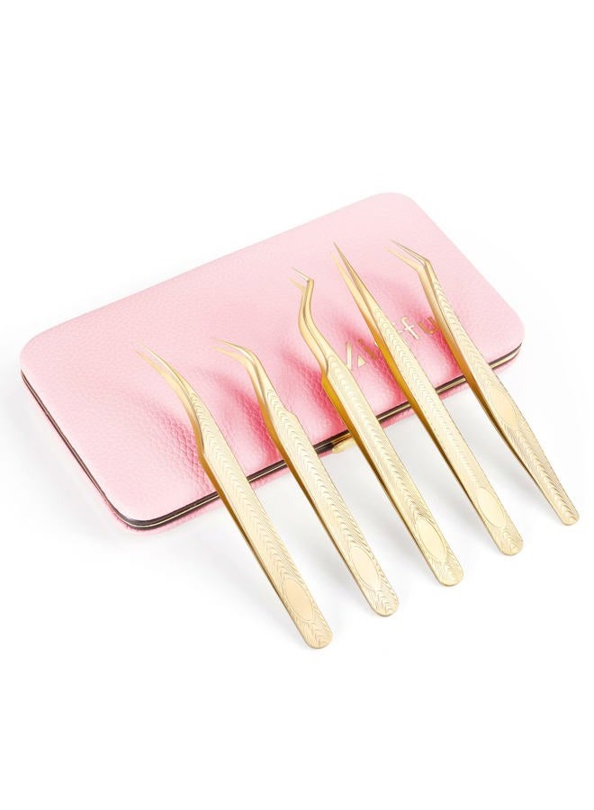 Miuffue 5 PCS Lash Extension Tweezers Set, Stainless Steel Professional Eyelash Extension Tweezers for Volume, Isolation and Classic Lashes - Image 1