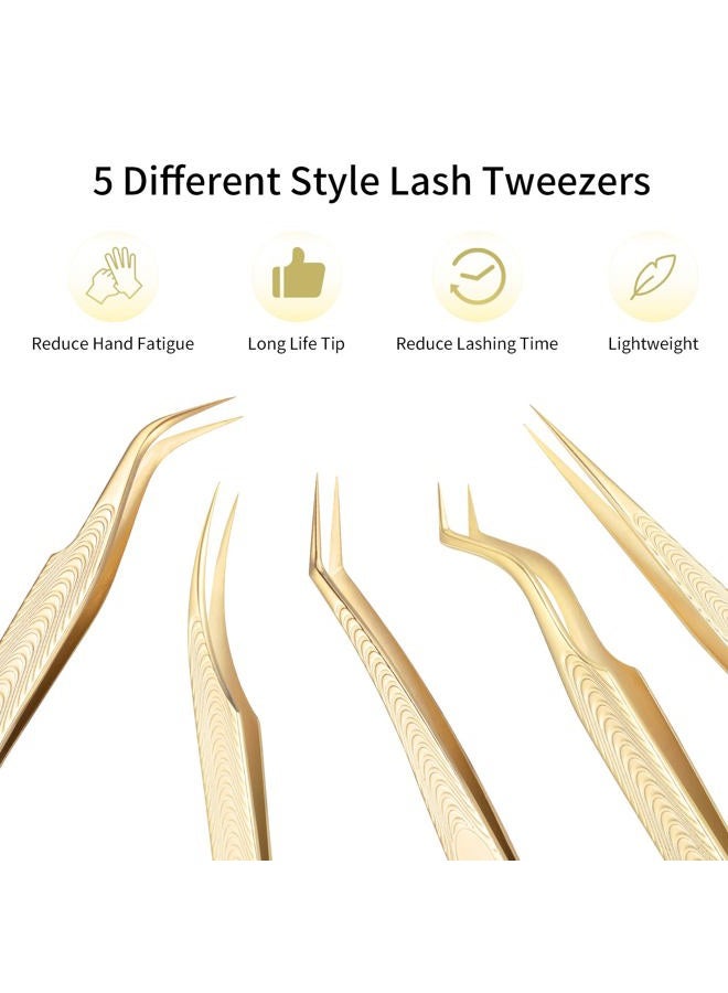 Miuffue 5 PCS Lash Extension Tweezers Set, Stainless Steel Professional Eyelash Extension Tweezers for Volume, Isolation and Classic Lashes - Image 2