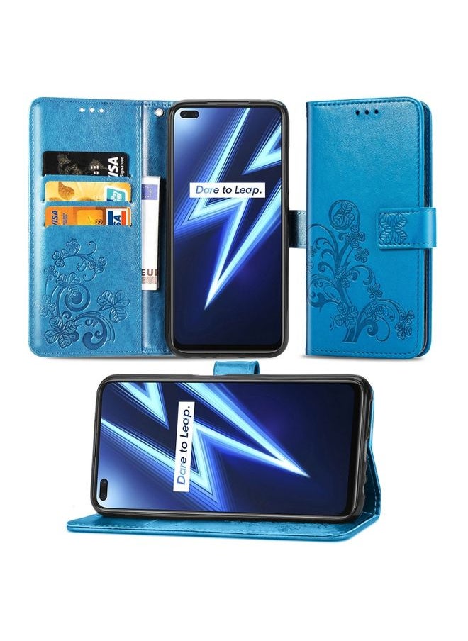 HuHa Case Cover For Realme 6 Pro Lucky Clover Pressed Flowers Pattern Leather Case with Holder & Card Slots & Wallet & Hand Strap Blue 