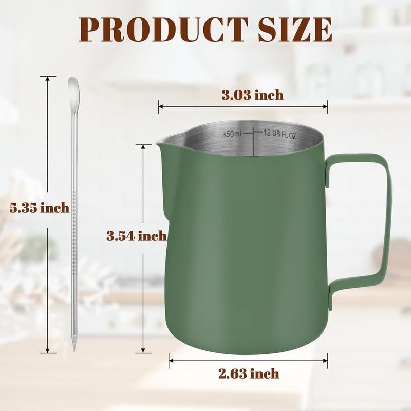 Amrules Milk Frothing Pitcher, 12 oz Milk Frother Cup with Clear Scale, 304 Stainless Steel Cappuccino Espresso Machine Accessories for Barista Coffee Bar with Latte Art Pen, Green - Image 2