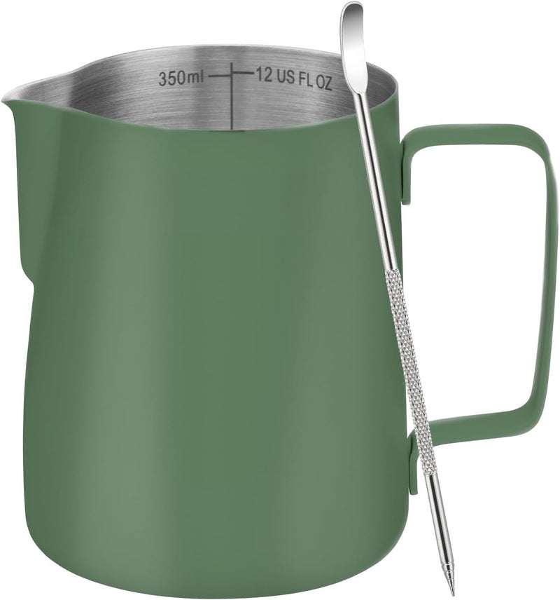Amrules Milk Frothing Pitcher, 12 oz Milk Frother Cup with Clear Scale, 304 Stainless Steel Cappuccino Espresso Machine Accessories for Barista Coffee Bar with Latte Art Pen, Green - Image 1