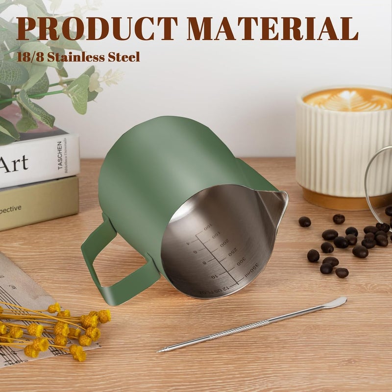 Amrules Milk Frothing Pitcher, 12 oz Milk Frother Cup with Clear Scale, 304 Stainless Steel Cappuccino Espresso Machine Accessories for Barista Coffee Bar with Latte Art Pen, Green - Image 5