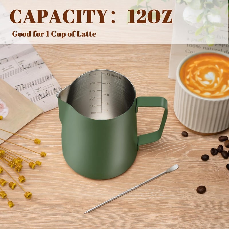 Amrules Milk Frothing Pitcher, 12 oz Milk Frother Cup with Clear Scale, 304 Stainless Steel Cappuccino Espresso Machine Accessories for Barista Coffee Bar with Latte Art Pen, Green - Image 4
