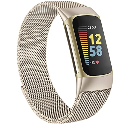 Tobfit Watch Strap Compatible with Fitbit Charge 5 (Watch Not Included), Stainless Steel Chain Strap with Magnetic Buckle Compatible for Men & Women (Vintage Gold) - Image 2