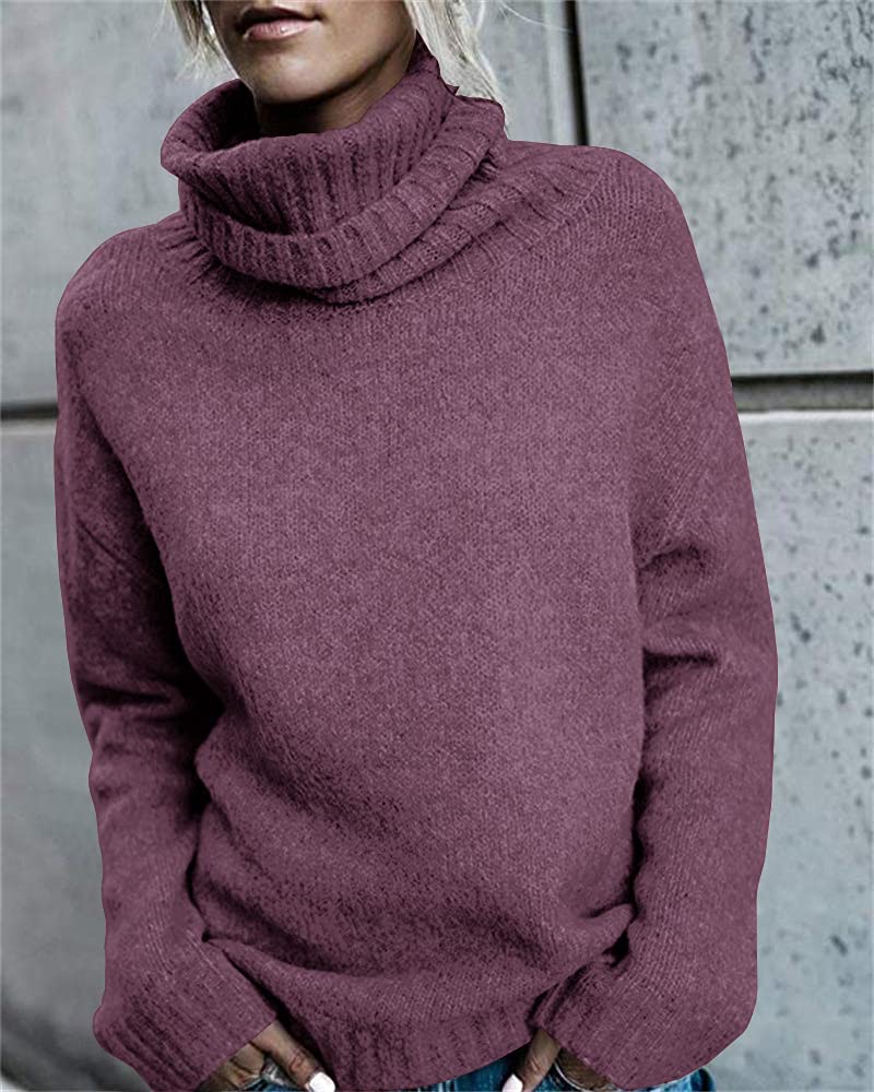 FISACE Womens Oversized Turtleneck Pullover Sweater Cable Knit Long Sleeve Sweater Tops A-Purple - Image 2