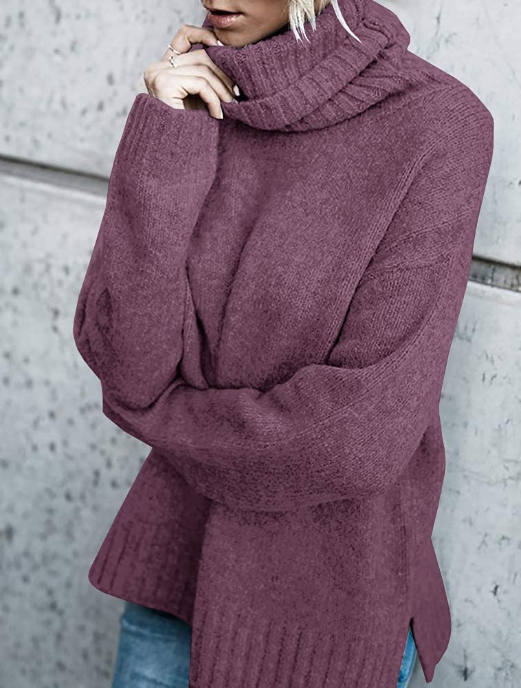 FISACE Womens Oversized Turtleneck Pullover Sweater Cable Knit Long Sleeve Sweater Tops A-Purple - Image 3