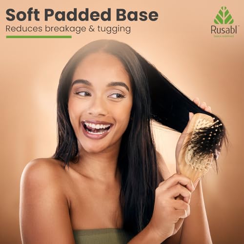 Rusabl Bamboo Hair Brush with Wooden Bristles for Gentle Detangling, Scalp Massage, Smooth Styling, 100% Natural, Anti-Static Paddle Brush for All Hair Types, Organic Hair Growth Brush, Rectangular - Image 5