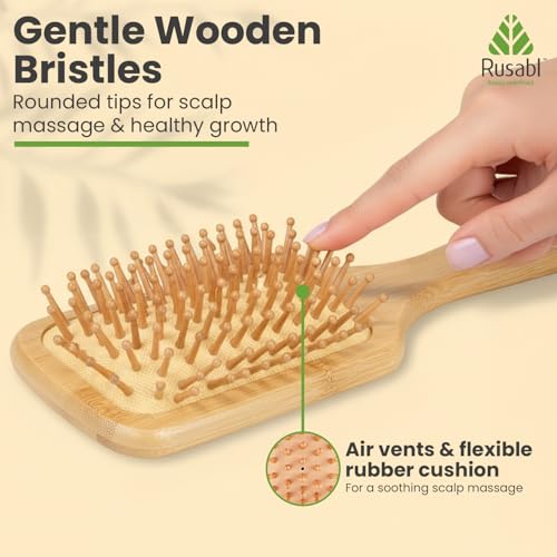 Rusabl Bamboo Hair Brush with Wooden Bristles for Gentle Detangling, Scalp Massage, Smooth Styling, 100% Natural, Anti-Static Paddle Brush for All Hair Types, Organic Hair Growth Brush, Rectangular - Image 3