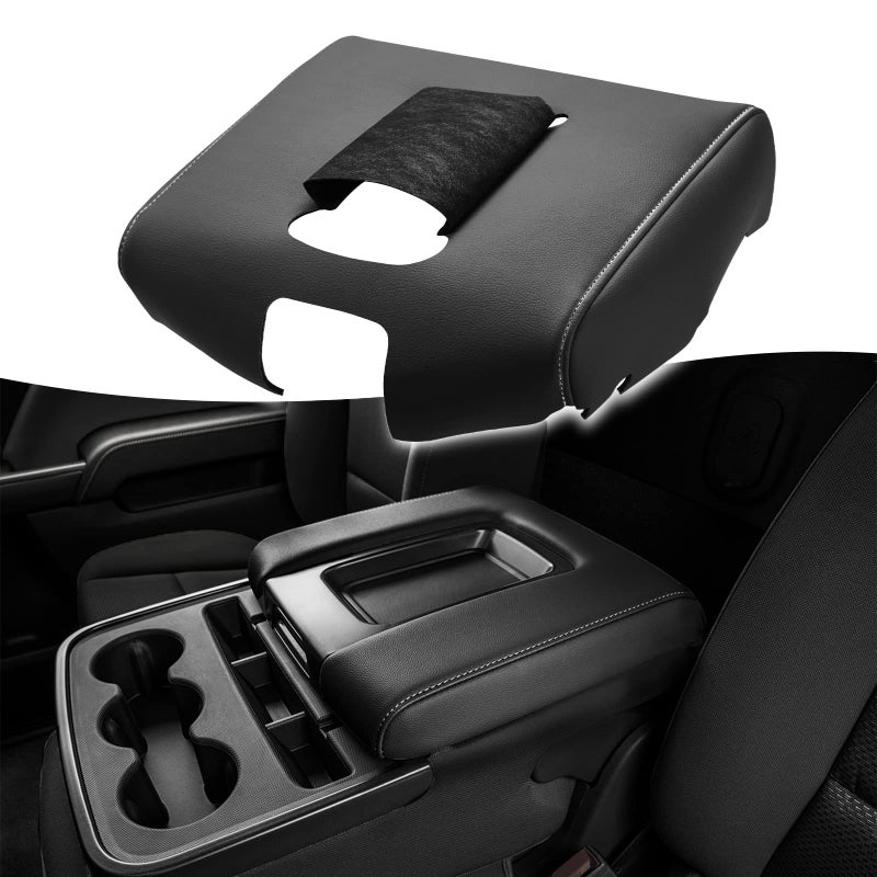 KBH Auto Center Console Armrest Cover Replacement for Chevrolet Silverado & GMC Sierra 1500 2500 3500 2014-2018, Vinyl Leather Middle Console Lid Upholstery, Split Bench Jump Seat (Black-Gray Stitch) - Image 1