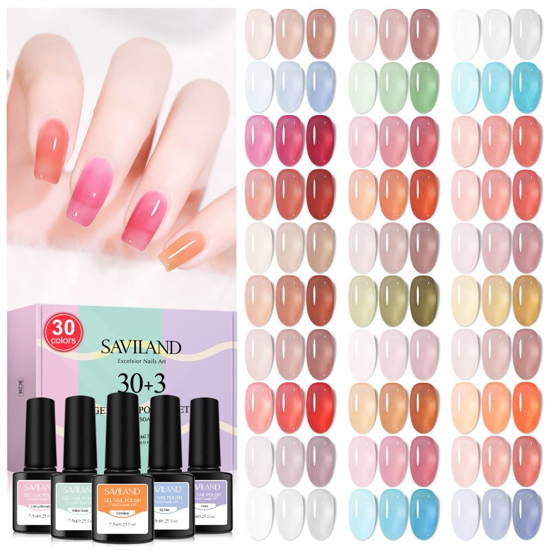 SAVILAND Jelly Gel Nail Polish Set, 30 Colors Translucent Nude Pink Transparent Nail Polish Set with 180 Sheer/Matte/Glossy Effects for Nail Salon DIY Home Christmas Holiday Gift Set - Image 1