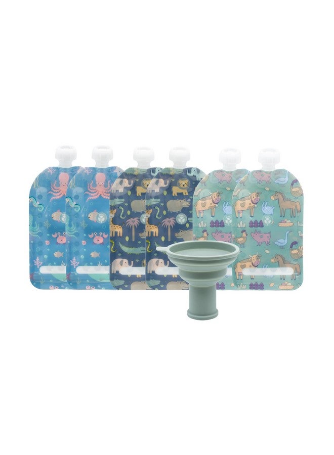WeeSprout Double Zipper Reusable Food Pouches, Perfect for Babies & Toddlers, Freezer & Dishwasher Safe (Animals, 7 Fl Oz (Pack of 6) + Pouch Filler) - Image 1