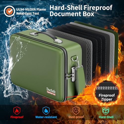 DocSafe Fireproof Document Box with Lock＆Shoulder Strap,Hard Case File Organizer with Accordion File Folder,Multi-Layer Portable Home Office Travel Safe Storage for Important Documents Laptop Green - Image 2