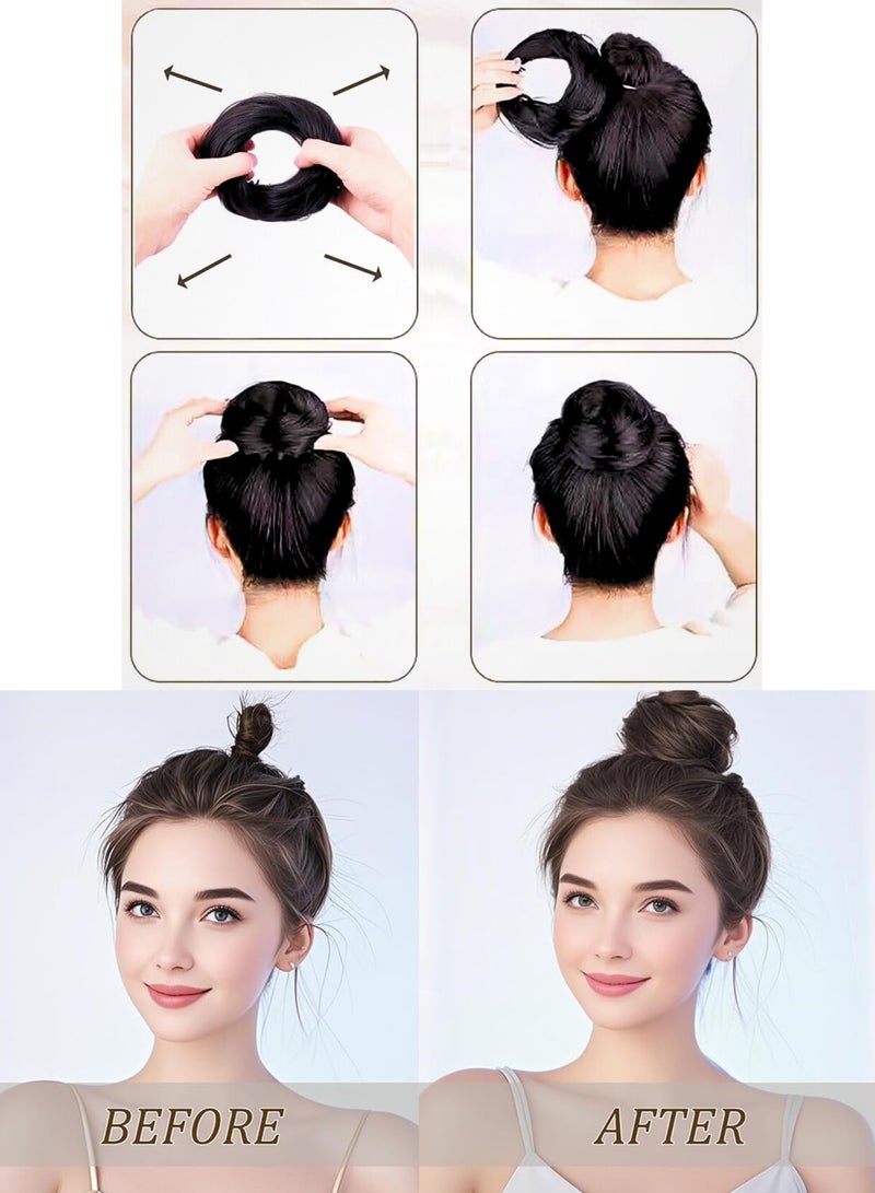 Hair Bun Extension Synthetic Straight Neat Donut Updo, Stretchy Ring Claw Clip for Fluffy Chignons, Scrunchies Ponytail Hairpiece for Women, Quick & Easy Updo Style (2PCS.Dark Brown) - Image 4