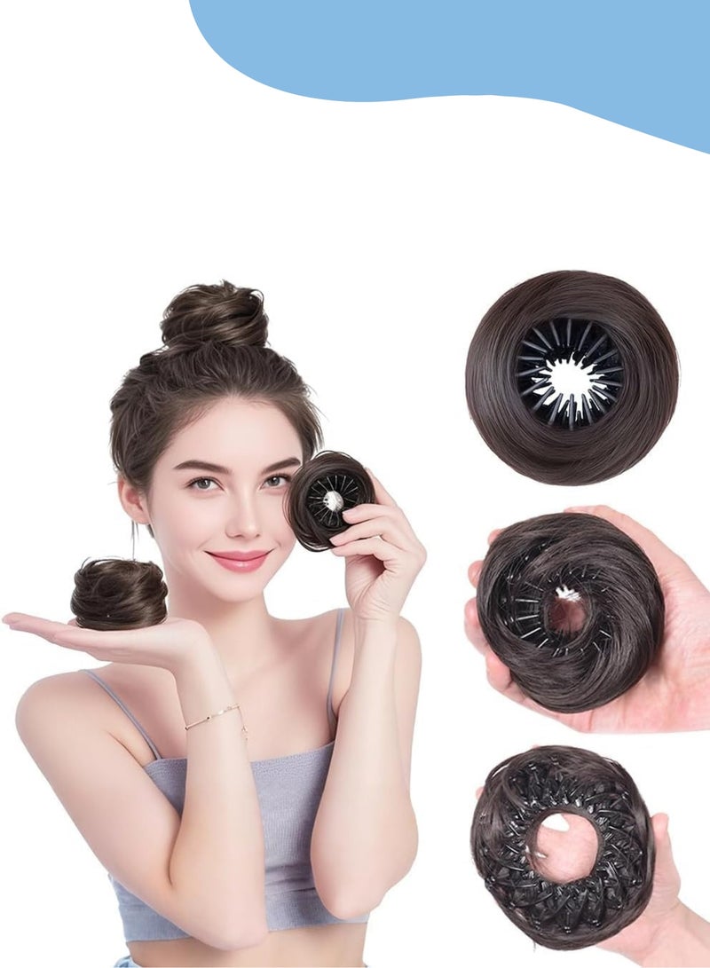 Hair Bun Extension Synthetic Straight Neat Donut Updo, Stretchy Ring Claw Clip for Fluffy Chignons, Scrunchies Ponytail Hairpiece for Women, Quick & Easy Updo Style (2PCS.Dark Brown) - Image 1