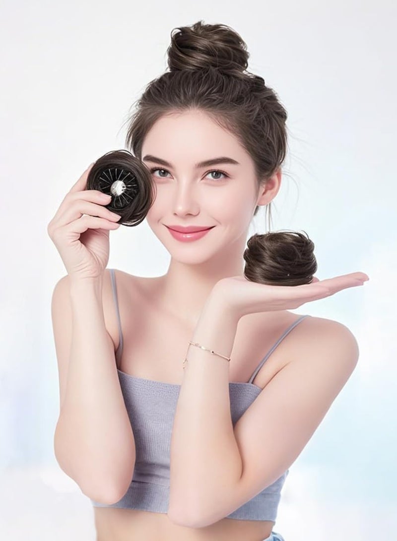 Hair Bun Extension Synthetic Straight Neat Donut Updo, Stretchy Ring Claw Clip for Fluffy Chignons, Scrunchies Ponytail Hairpiece for Women, Quick & Easy Updo Style (2PCS.Dark Brown) - Image 2