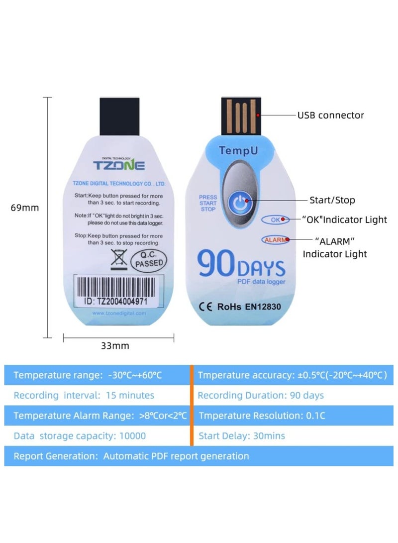 90 Day Disposable Temperature Data Logger with USB 2.0 Port PDF Blue 2.7 x 1.3in - Image 4