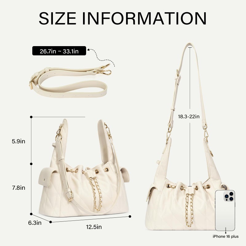 CLUCI Quilted Leather Handbag, Soft Tote Bags for Women with Adjustable Strap, Crumpled Shoulder Purse Tabby Slouchy Hobo Bag White - Image 3