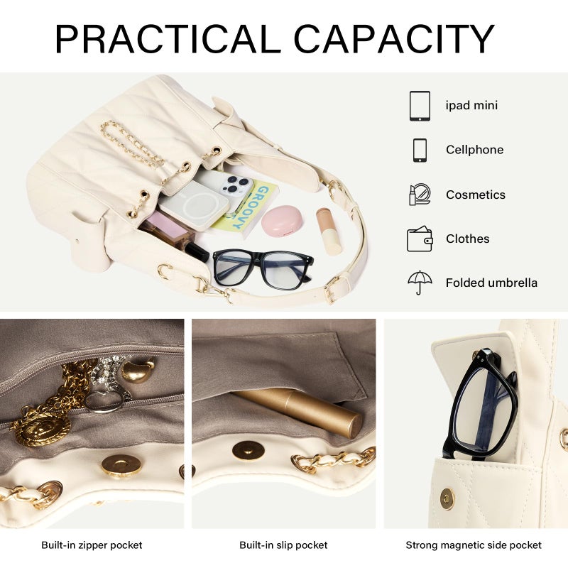 CLUCI Quilted Leather Handbag, Soft Tote Bags for Women with Adjustable Strap, Crumpled Shoulder Purse Tabby Slouchy Hobo Bag White - Image 4