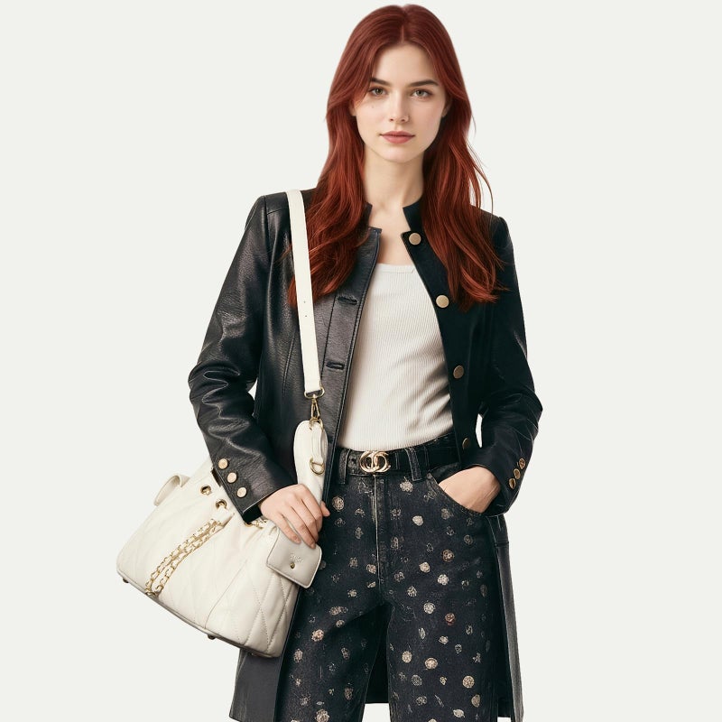 CLUCI Quilted Leather Handbag, Soft Tote Bags for Women with Adjustable Strap, Crumpled Shoulder Purse Tabby Slouchy Hobo Bag White - Image 2