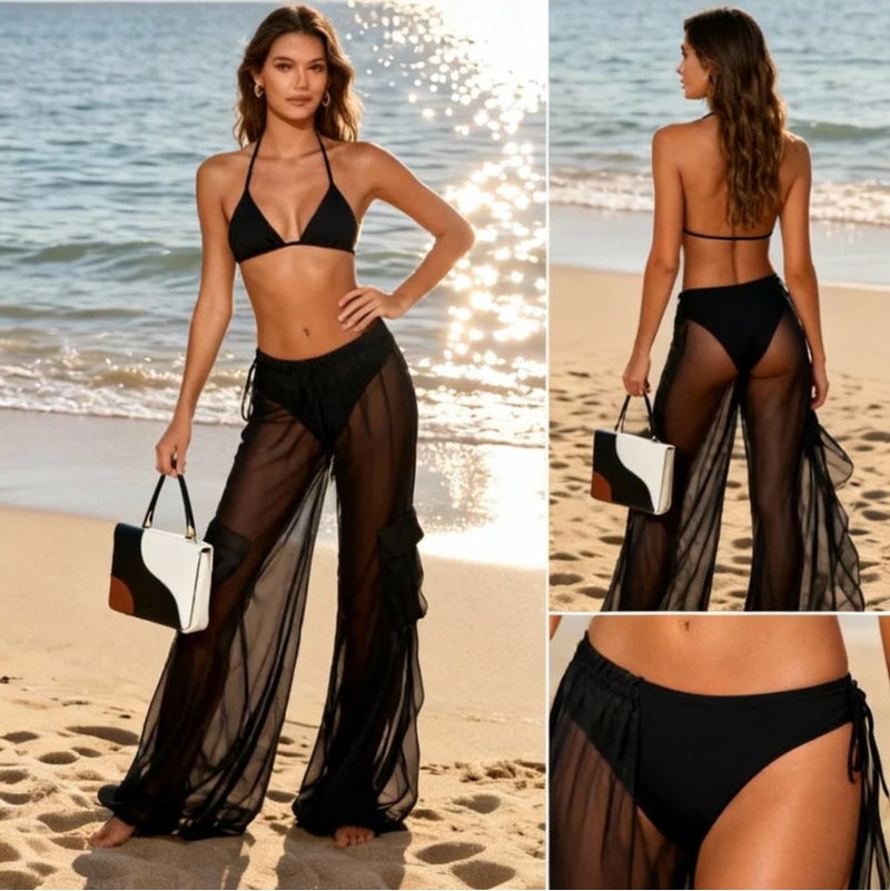 Aroma Aura Women's Black Transparent Wide-Leg Beach Pants – Flowy Sheer Summer Cover-Up Trousers - Image 2