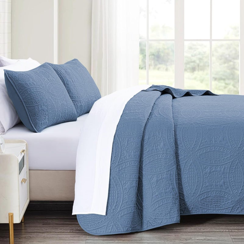 akkialla akkialla Queen Quilt Bedding Set Bluish Grey Ultrasonic Full/Queen Quilt Set Lightweight Soft Bedspread Coverlet Modern Style Coin Pattern Bed Cover for All Seasons 3 Piece(1 Quilt 2 Pillow Shams)  - Image 4