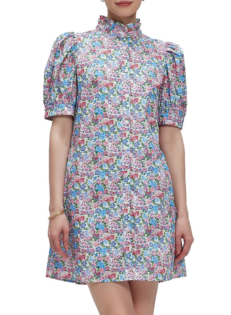 Ladyful Women's Summer Floral Dress Short Sleeve Button Down Shirt Mini Dress Ruffle Mock Neck Shift Sundress Light Purple - Image 1