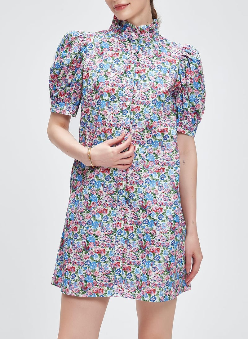 Ladyful Women's Summer Floral Dress Short Sleeve Button Down Shirt Mini Dress Ruffle Mock Neck Shift Sundress Light Purple - Image 3