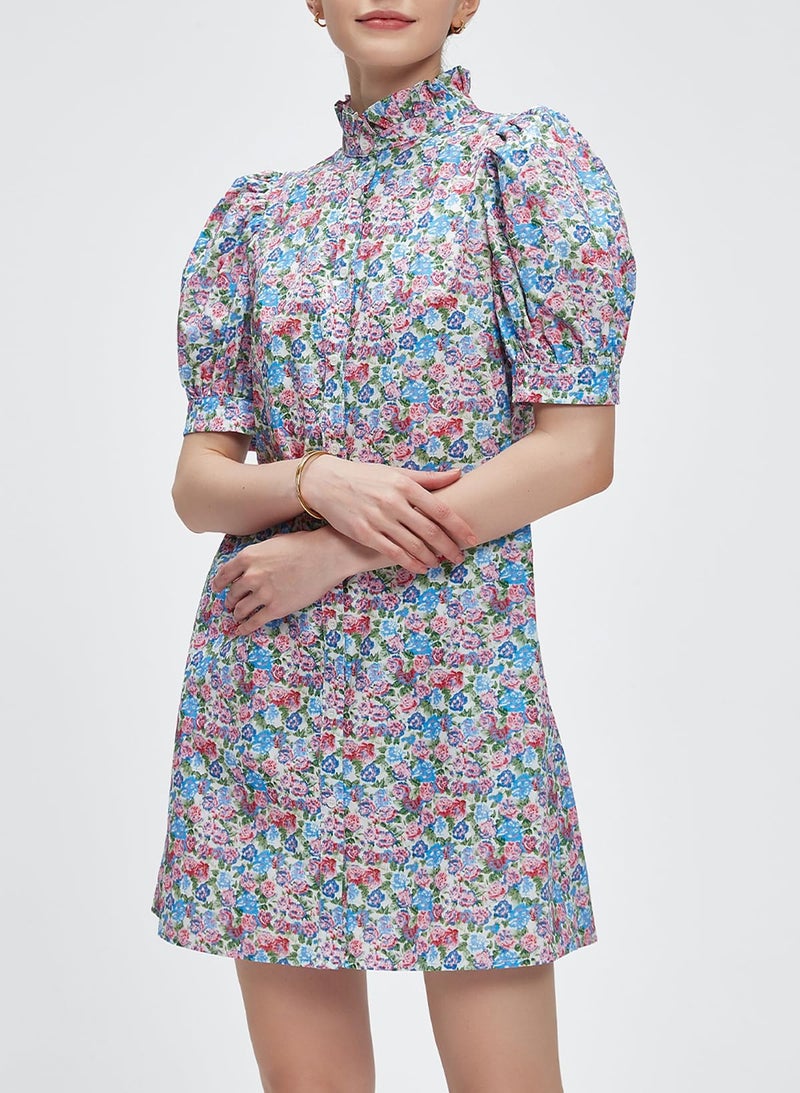 Ladyful Women's Summer Floral Dress Short Sleeve Button Down Shirt Mini Dress Ruffle Mock Neck Shift Sundress Light Purple - Image 5