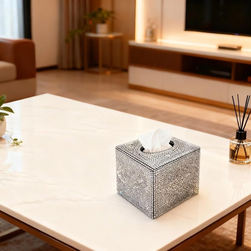 حامل علبة المناديل الفضية غطاء الأكريليك المرصع بالكريستال موزع زخرفي للسيارة والمكتب - Image 5