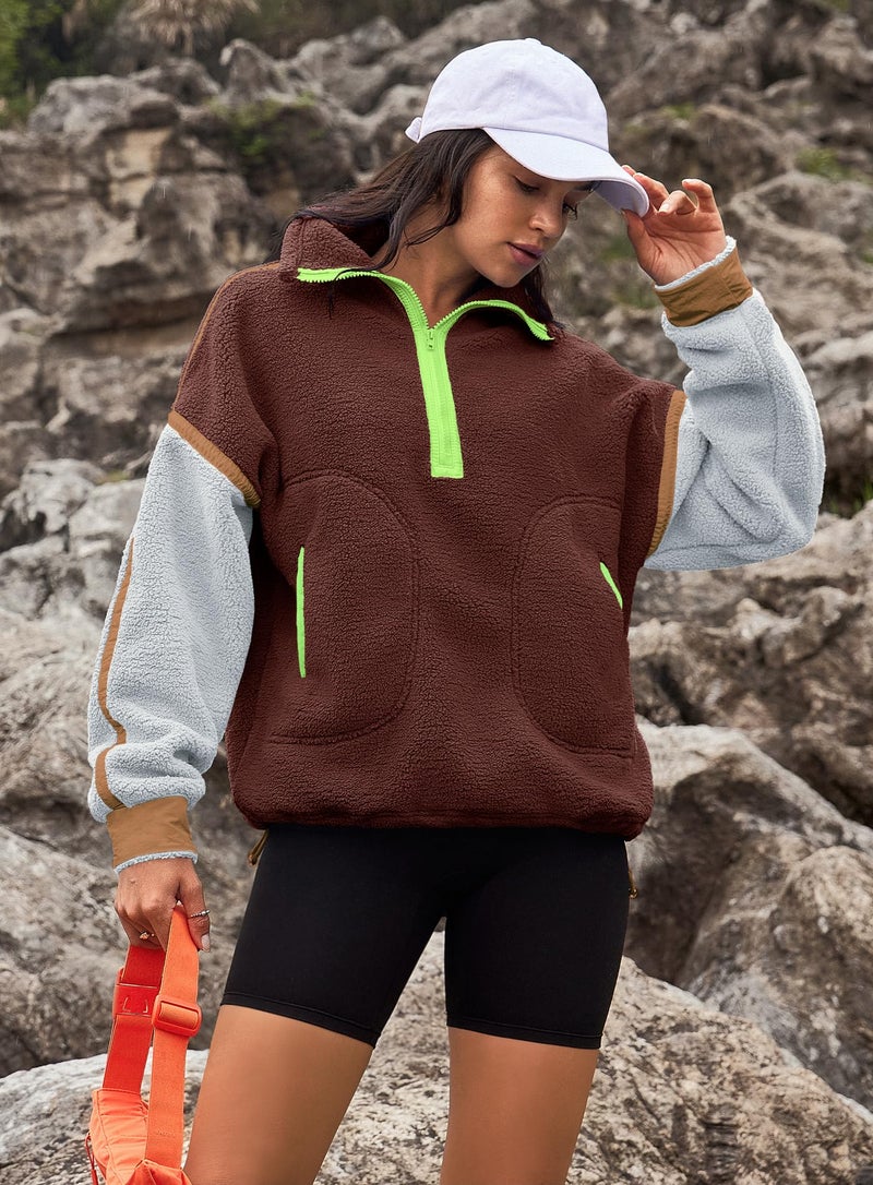 Yanekop 1/4 Zip Pullover Women Zip Up Sweatshirt Fleece Pullover Christmas Sweaters Long Sleeve V Neck Sweaters(Red Brown Blue,S) - Image 3