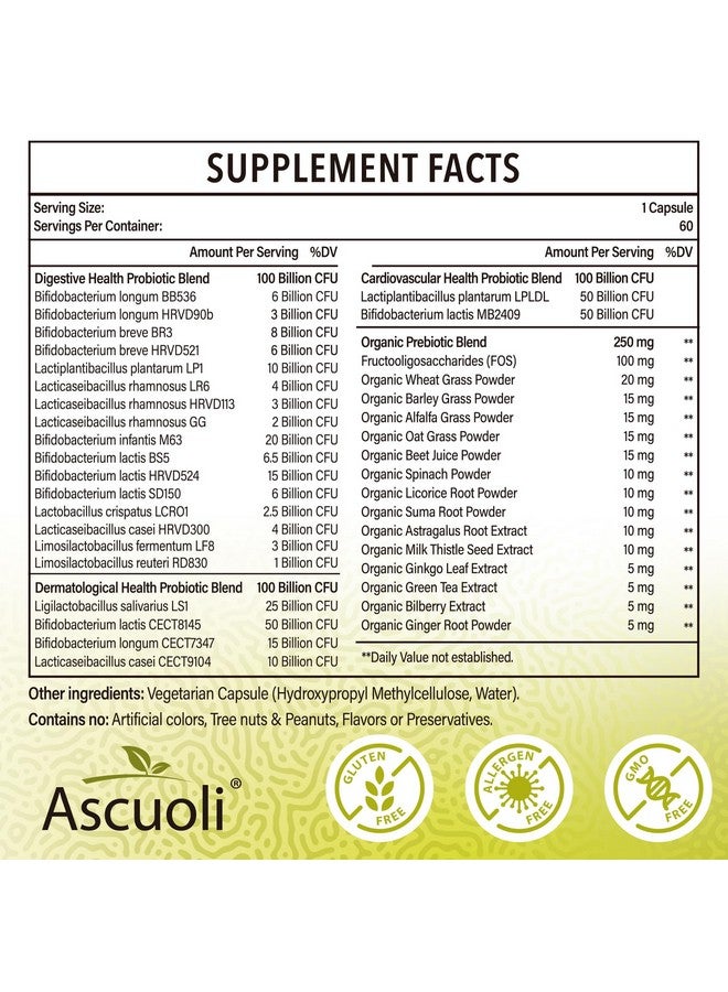 Ascuoli Probiotics for Women & Men - 300 Billion CFU, 22 Strains Probiotics + 15 Organic Herbs Blend, Daily Probiotics for Digestive Health, Immune, Gut, Bloating - 60 Capsule