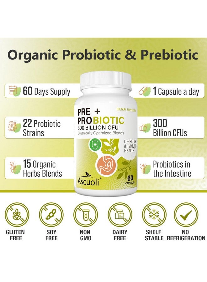 Ascuoli Probiotics for Women & Men - 300 Billion CFU, 22 Strains Probiotics + 15 Organic Herbs Blend, Daily Probiotics for Digestive Health, Immune, Gut, Bloating - 60 Capsule