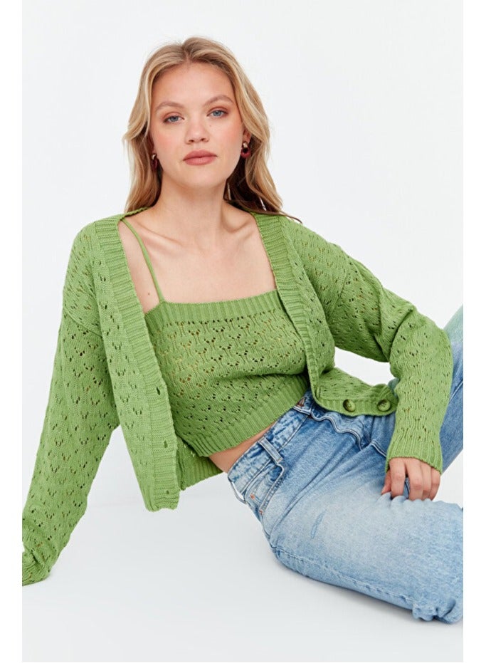 trendyol Mint Openwork/Hole Crop Knitwear Cardigan - Image 3