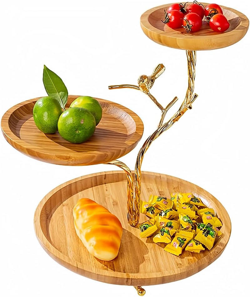 LANDTOM 3Tier Fruit Basket Electroplating Metal Stand Decorative Fruit Bowl Rack Bamboo Wooden Storage Trays Table Countertop Holder for Vegetables Bread Snack for Kitchen Home Use Gold Type D - Image 1
