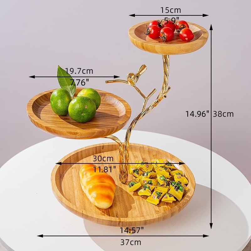 LANDTOM 3Tier Fruit Basket Electroplating Metal Stand Decorative Fruit Bowl Rack Bamboo Wooden Storage Trays Table Countertop Holder for Vegetables Bread Snack for Kitchen Home Use Gold Type D - Image 2