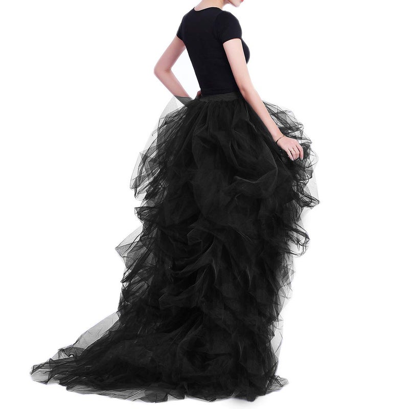 WDPL Women's Long High Low Skirts Maxi Ruffles Birthday Party Tulle Skirt (Black, Large) - Image 5