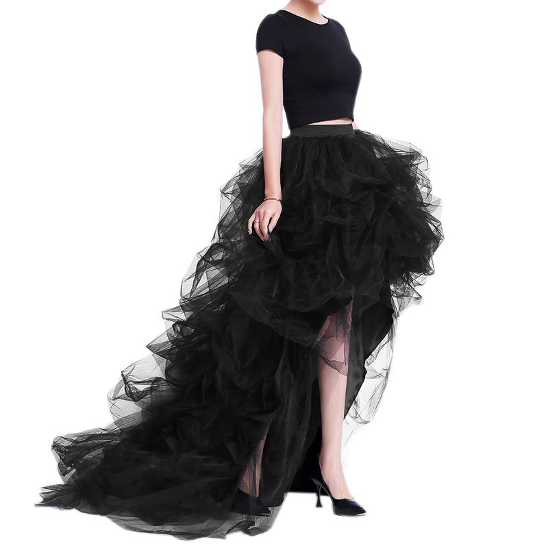 WDPL Women's Long High Low Skirts Maxi Ruffles Birthday Party Tulle Skirt (Black, Large) - Image 1