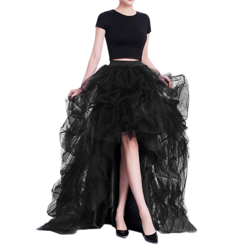 WDPL Women's Long High Low Skirts Maxi Ruffles Birthday Party Tulle Skirt (Black, Large) - Image 4